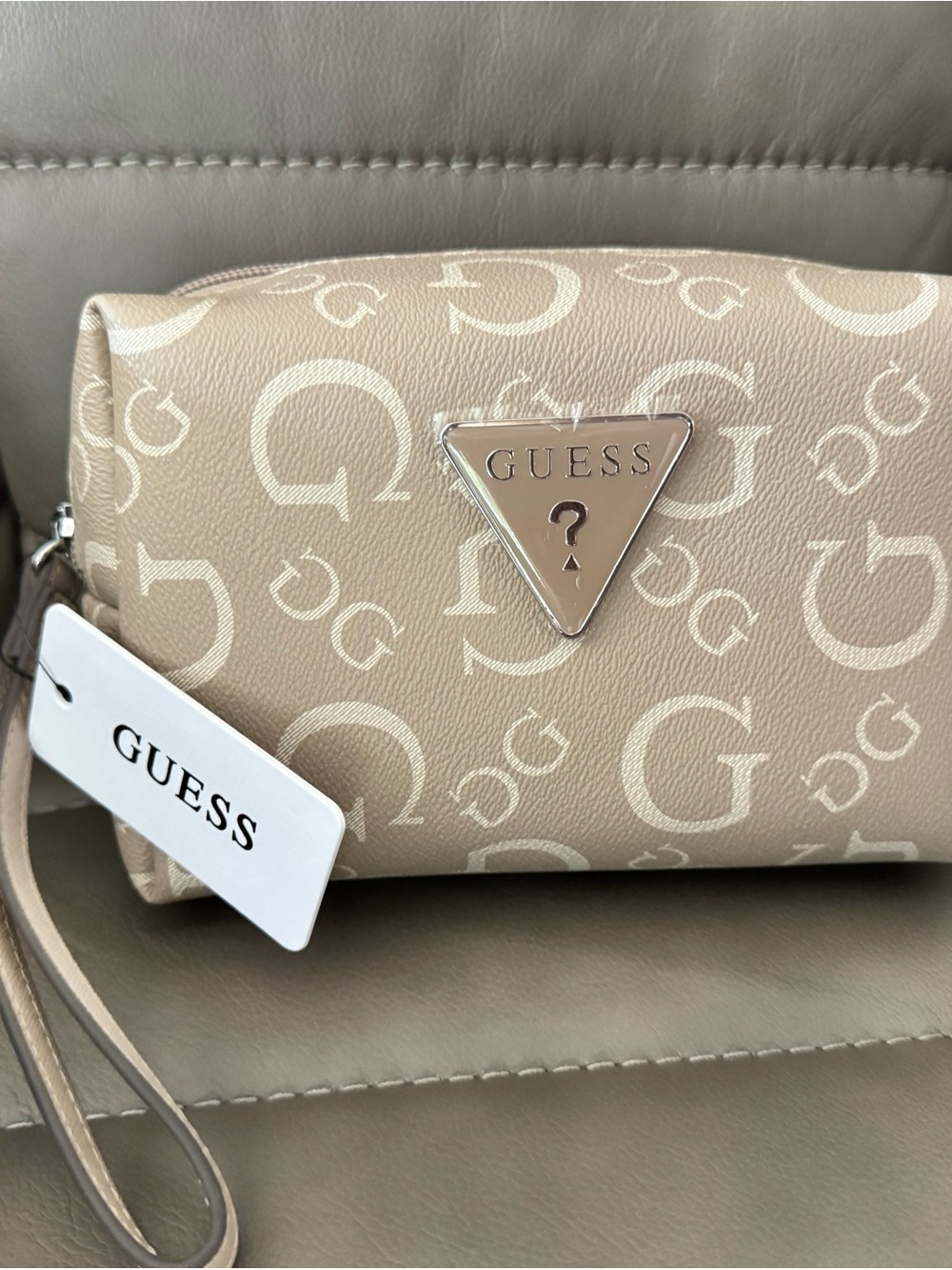 GUESS Beige Logo Wristlet Clutch with Triangular Plaque
